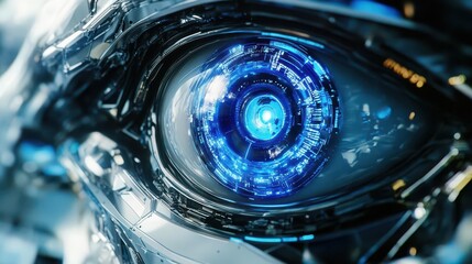 closeup of futuristic robotic eye intricate mechanical iris glowing blue digital elements reflective surfaces hightech and detailed blend of organic and synthetic design