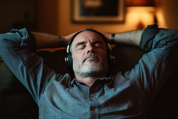 Fototapeta premium Mature man relaxing with headphones on, enjoying music at home, peaceful ambiance