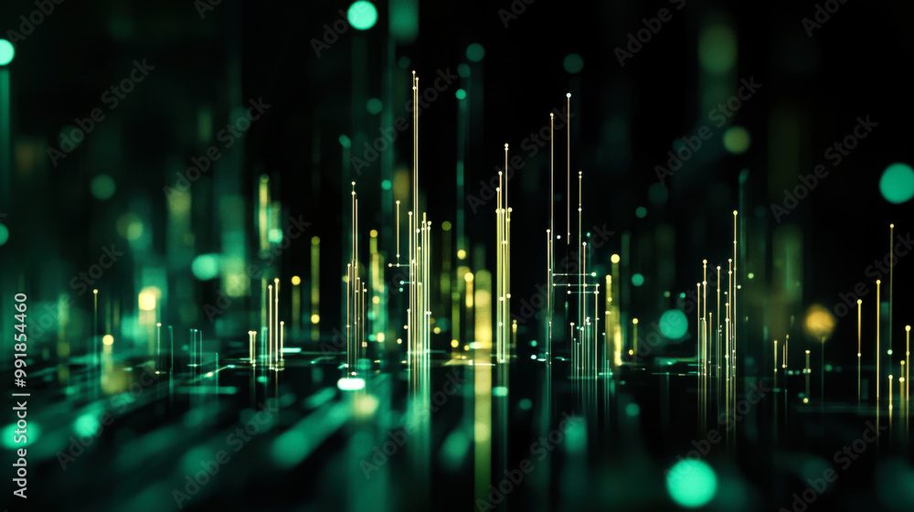 Poster abstract digital landscape showcasing vibrant data visualizations with colorful dots and lines repre