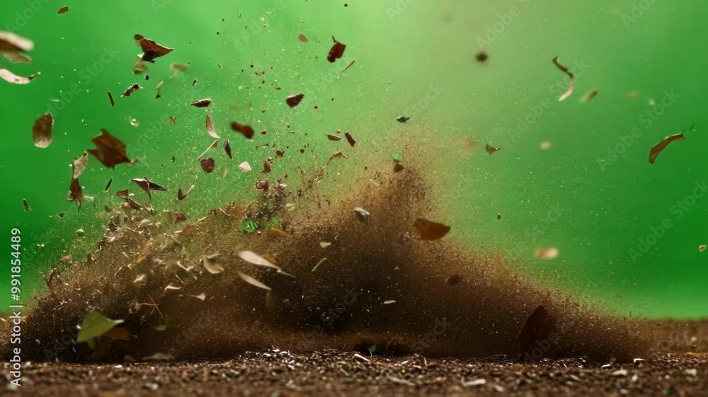 Poster cloud of dirt and leaves exploding upwards against a green screen background, perfect for visual eff