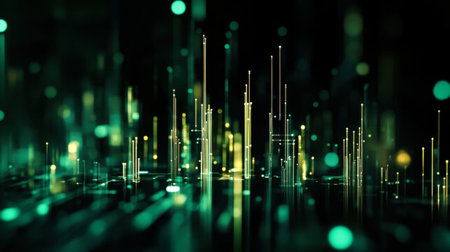 Abstract digital landscape showcasing vibrant data visualizations with colorful dots and lines representing information flow at night