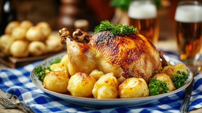 A platter of roasted chicken with potato dumplings, placed on a checkered blue and white tablecloth background in a festive beer hall
