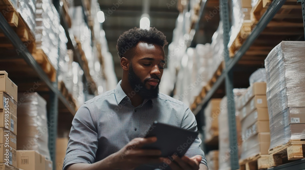 Aufkleber confident warehouse manager using tablet while surrounded by neatly stacked inventory showcasing mod
