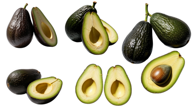 A ripe avocado shown from multiple angles on a white background