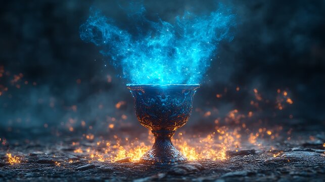 A silver goblet with blue flames erupting from it.