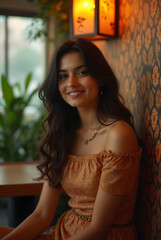 Fototapeta premium Indian Woman in a Restaurant with Warm Ambiance
