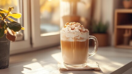 cozy autumn scene featuring a glass of pumpkin spice latte with whipped cream and a dusting of cinnamon warm sunlight streams into a modern white kitchen creating a inviting atmosphere