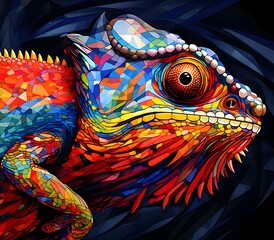 an abstract drawing of a away view for Chameleon with colorful line with mixed pattern colorful background
