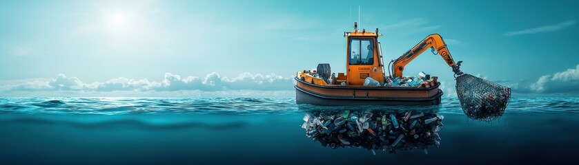 orange boat equipped with crane is actively collecting plastic waste from ocean, highlighting urgent need for environmental conservation and clean up efforts. 