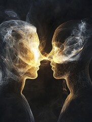 A surreal representation of a romantic connection, featuring two ethereal figures created with wisps of smoke.