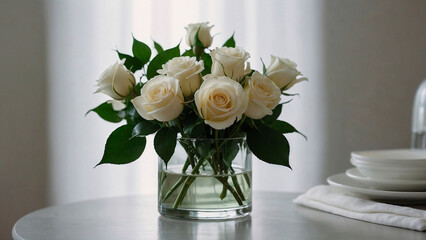 Simple floral centerpiece with white roses and green leaves in a clear vase on a table