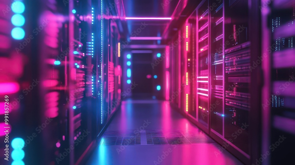Aufkleber cybernetic nexus futuristic server room neonlit racks fiber optic tendrils cool color palette depth 