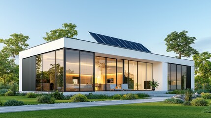 Modern house with large glass windows and solar panels, surrounded by greenery, showcasing sustainable lifestyle and contemporary architecture. 