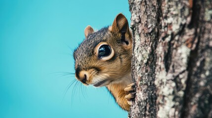 Obraz premium curious squirrel peeking from behind a tree trunk against a vivid blue background closeup capturing the animals expressive eyes and textured fur with a touch of whimsy