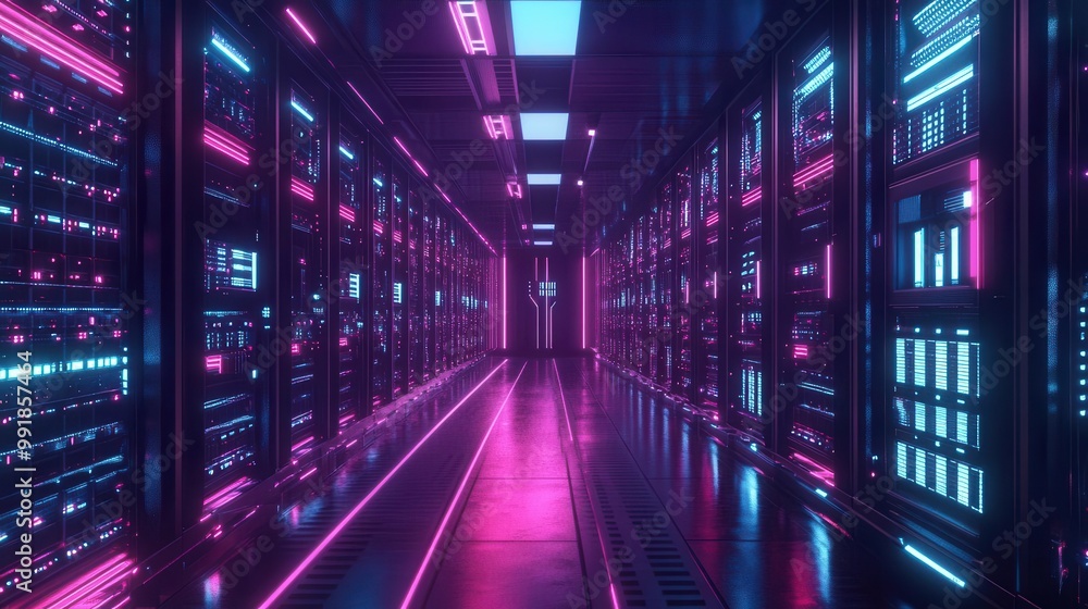 Poster cyberpunk data center neonlit server racks stretch infinitely holographic interfaces robotic mainten