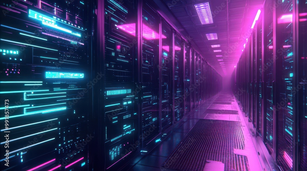 Poster cyberpunk data center neonlit server racks stretch infinitely holographic interfaces robotic mainten