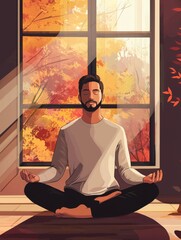 A calm South Asian man meditates by a large window, surrounded by vibrant autumn foliage, radiating tranquility.