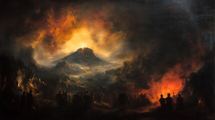 A dramatic oil painting depicting a fiery volcanic eruption in a mountainous landscape. Silhouettes of people are visible in the foreground.