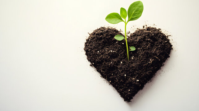 Heart-Shaped Soil with Growing Green Sprout on White Background.