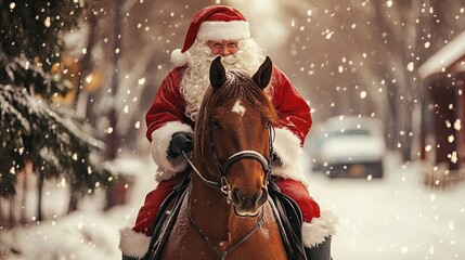 Santa on a horse on a snowy street