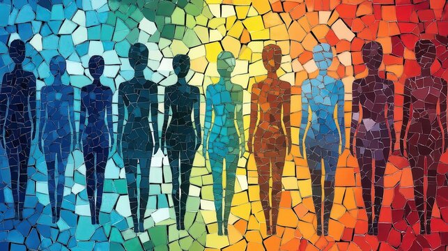 diverse silhouettes of human figures forming intricate mosaic pattern each shape unique yet interconnected representing global community