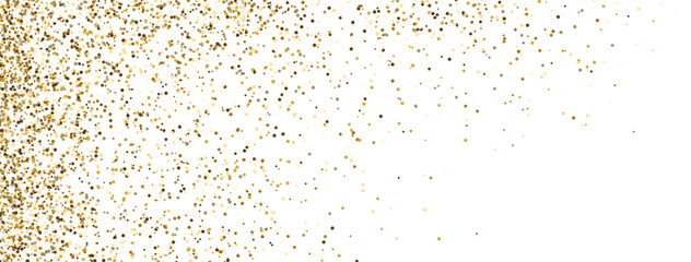 Glitter golden border. Gold light sparkles and dust background. Luxury decoration frame. Bright design for Christmas, Birthday, Wedding. Holiday party decoration. Magic design. Vector illustration