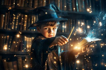 A young wizard casting a spell from an ancient book in a magical library. Sparks fly as imagination soars in this enchanting scene.