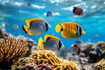 Fototapeta premium A school of tropical fish swimming through a coral reef, their vibrant colors standing out against the clear blue water