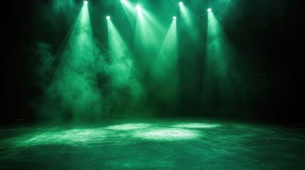 Fototapeta premium dramatic green spotlights illuminate an empty stage floor creating pools of emerald light against inky darkness perfect for showcasing products or performances with a mysterious theatrical flair