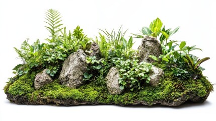 dramatic still life of mosscovered rocks surrounded by lush foliage and plants isolated on a white background intricate details and vivid greens create a captivating miniature ecosystem