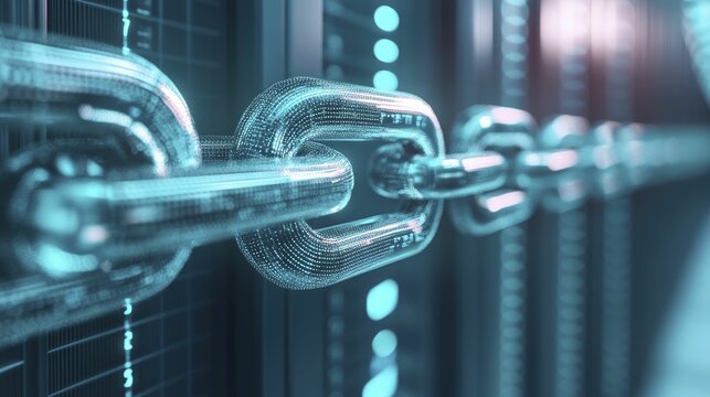Blockchain Threat Intelligence, data blocks and chains, set against a secure server room background, 3D illustration