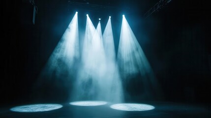 dramatic theatrical lighting setup powerful spotlights illuminate hazy atmosphere on dark stage beams of light create sculptural forms highlighting the artistry of stage lighting design
