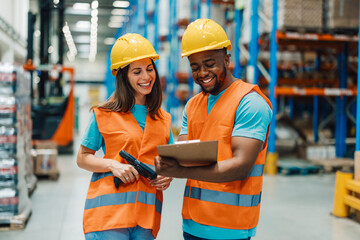 Diverse colleagues with hard hats in warehouse discussing inventory updates