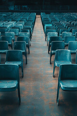 Fototapeta premium empty stadium seats of a running court seen from the opposite side, frontal view, plastic seats