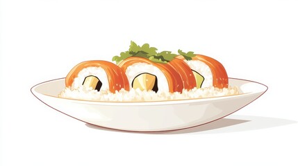 A plate of sushi with simple rice and fish shapes, flat color illustration