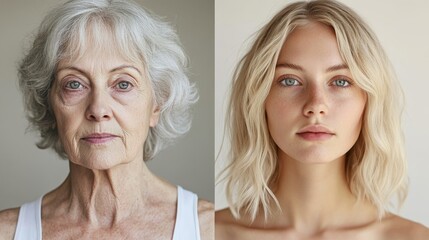 Naklejka premium Contrasting beauty: An older woman and a young woman showcasing natural features and simplicity