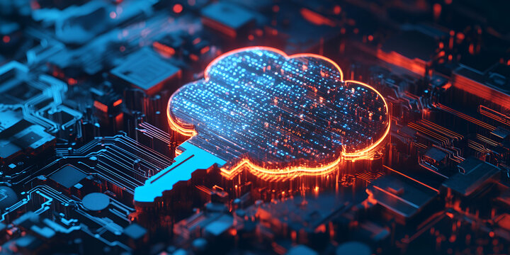 Cloud Computing Security Symbol with Digital Key on Circuit Board
