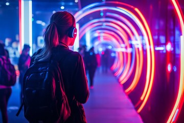 Fototapeta premium A person walks through a neon-lit tunnel. The vibrant colors create a stunning backdrop and a feeling of dynamic energy and movement.