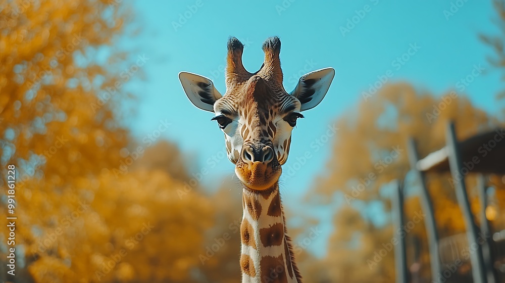 Poster a giraffe with its head held high looks directly at the camera with a calm expression.