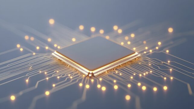 Neural Computing Hardware, specialized chips tailored for neural network processing, displayed on a textured gray backdrop, 3D rendering.