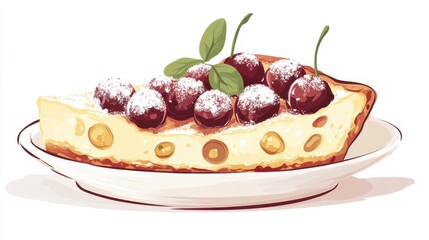 A slice of cherry clafoutis with powdered sugar, flat color illustration