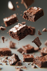 hovering chocolate brownie pieces