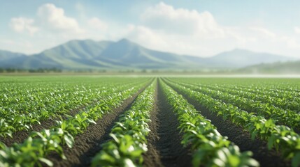 Smart Irrigation Tech, advanced irrigation system, set against a farmland background, 3D illustration