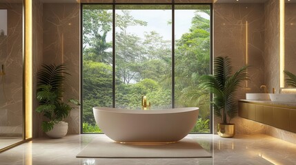 Fototapeta premium elegant marble bathroom interior freestanding bathtub large window with nature view gold fixtures luxurious textures soft ambient lighting