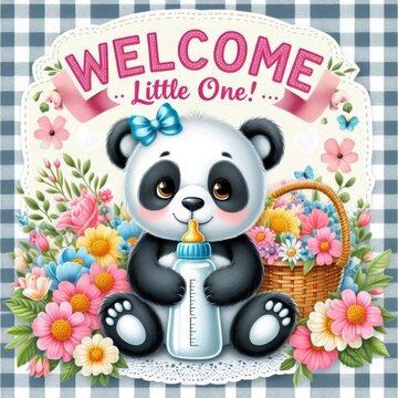 Adorable baby panda with a bottle surrounded by colorful flowers. Perfect for newborn celebrations.