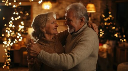 elegant senior couple waltzing in cozy living room warm lighting creating intimate atmosphere love and romance evident in their expressions