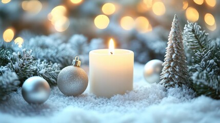 elegant white candle centerpiece surrounded by miniature pine trees and festive ornaments soft glow illuminates a serene winter scene with ample negative space for text overlay
