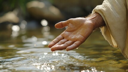 Closeup of jesus christ extending his hand towards water in a serene outdoor setting, inspiring hope