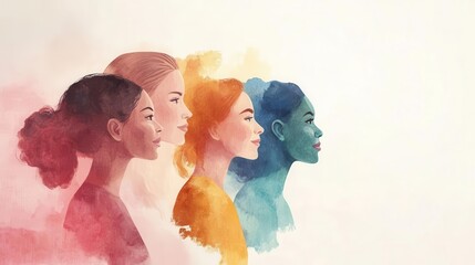 empowering illustration of diverse women watercolor style flowing lines soft feminine color palette unity and strength in diversity theme