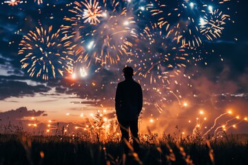 Silhouette of a person watching a vibrant fireworks display against a dark night sky.